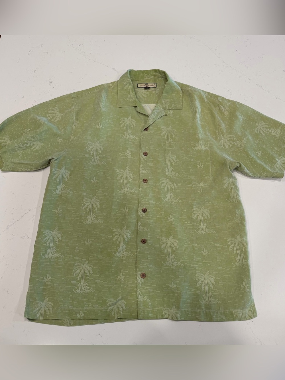 Tommy Bahama Men’s Light Green Silk Palm Print Camp Shirt - Medium